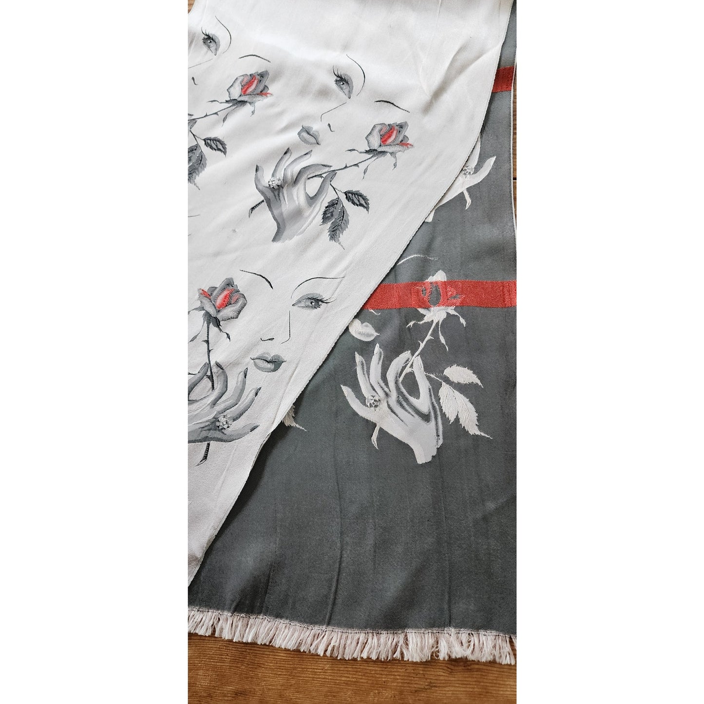 Vintage 40s Silk Embroidered Scarf Woman's Face w/Rose Flower