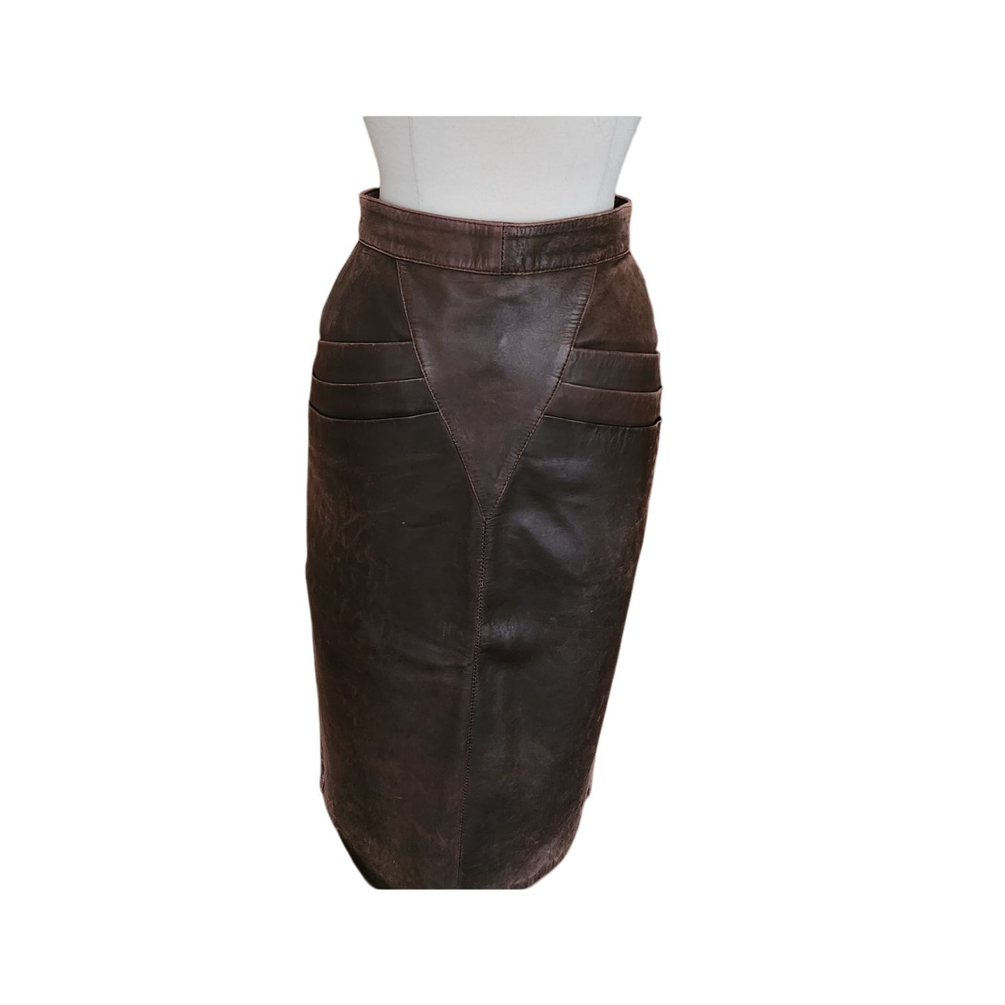 Vintage 80s Brown Leather Pencil Skirt High Waisted Geometric Accent Stitching