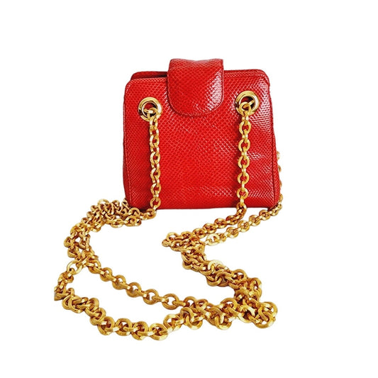 Vintage 90s Judith Leiber Bag Red Lizard Leather Gold Minaudiere