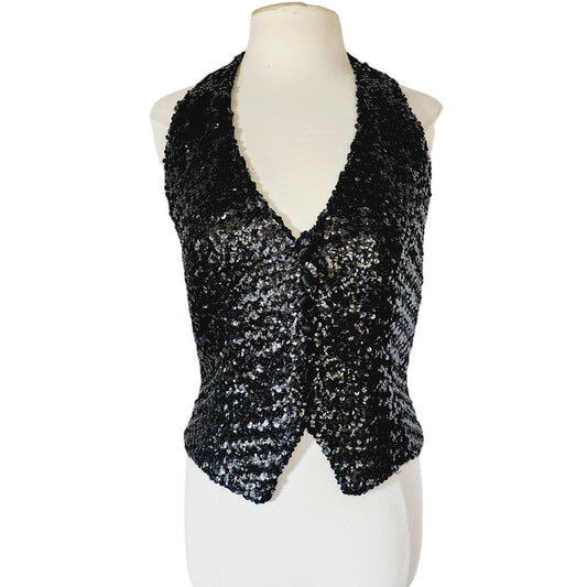 Vintage 70s 80s Halter Top Vest Black Sequins