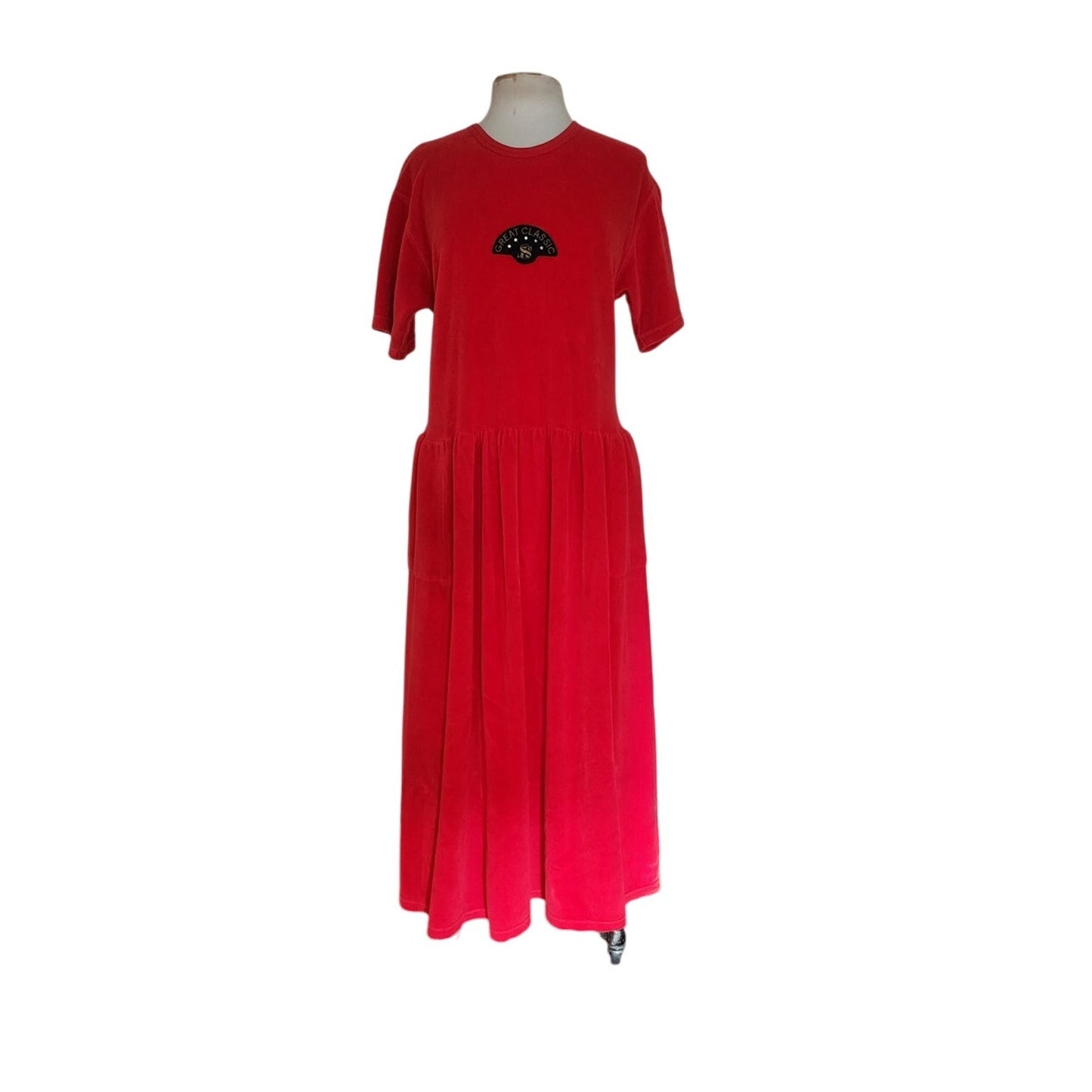 Vintage 90s Sonia Rykiel Red Dress Red Velour Drop Waist w/Logo Emblem
