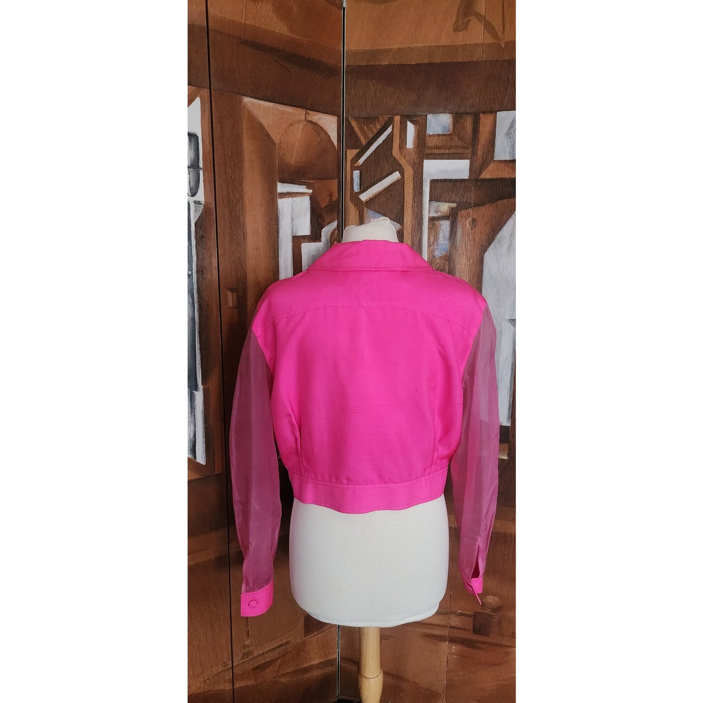 Vintage 90s Pink Silk Jacket Sheer Sleeves Flower Buttons Victoria March Chicago Designer