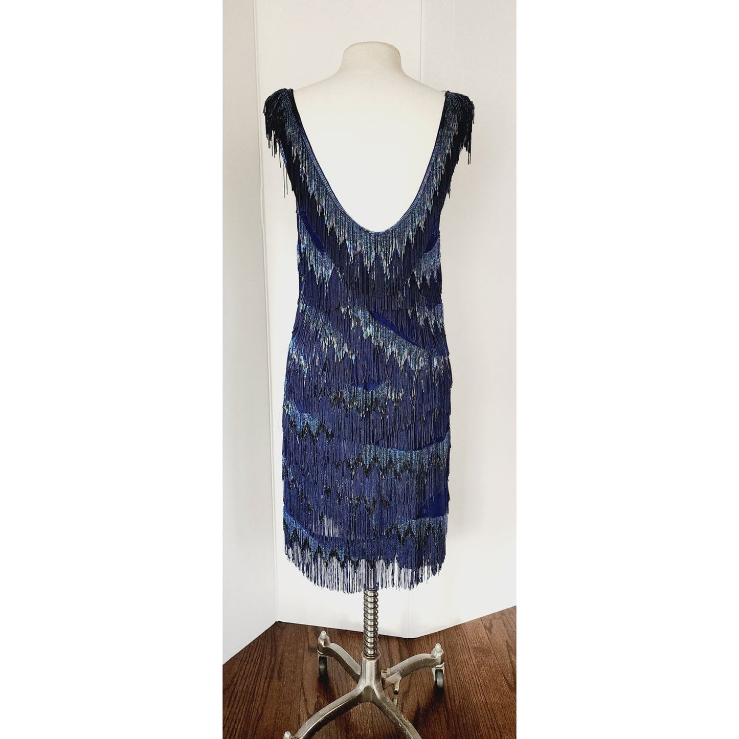 Vintage 2000s Blue Beaded Dress Silk Fringe Flapper Style / Medium