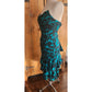 Vintage 80s Strapless Party Dress Teal Black Floral Print