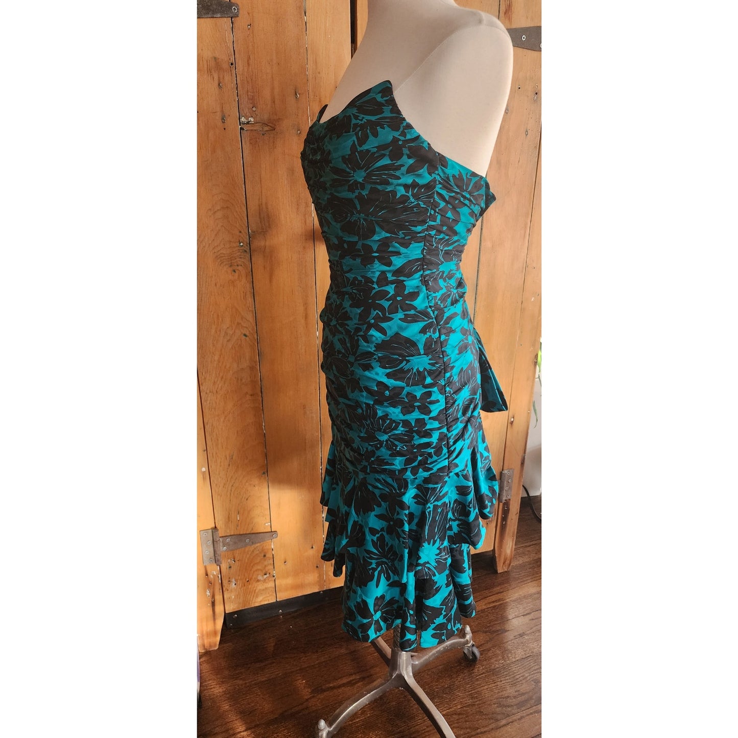 Vintage 80s Strapless Party Dress Teal Black Floral Print