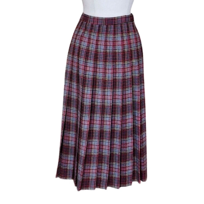 Vintage 70s PENDLETON Plaid Midi Skirt Pleated Wool Anderson Tartan Red