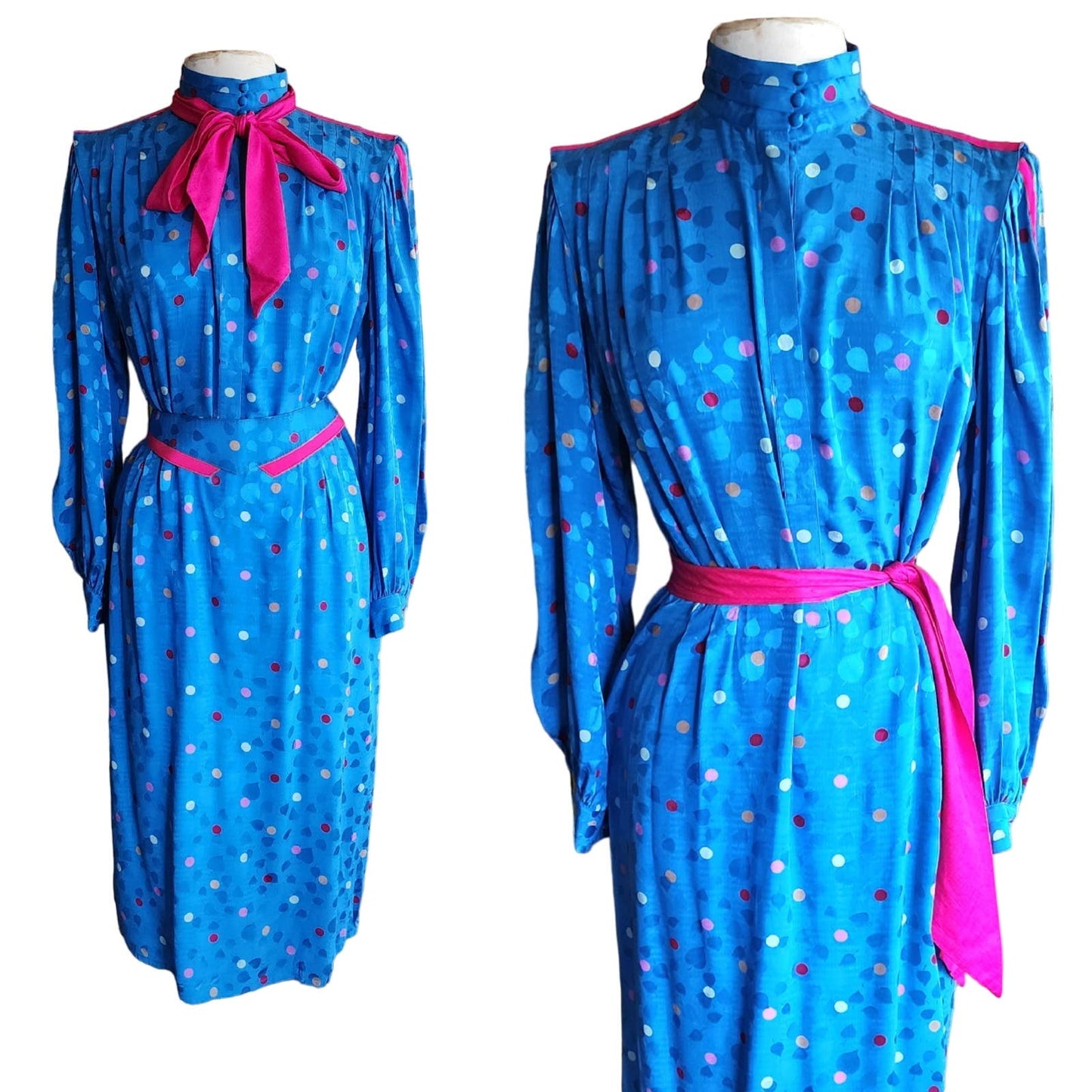 Vintage 80s Blue Silk Dress Polkadot Print Francesca Damon Starington