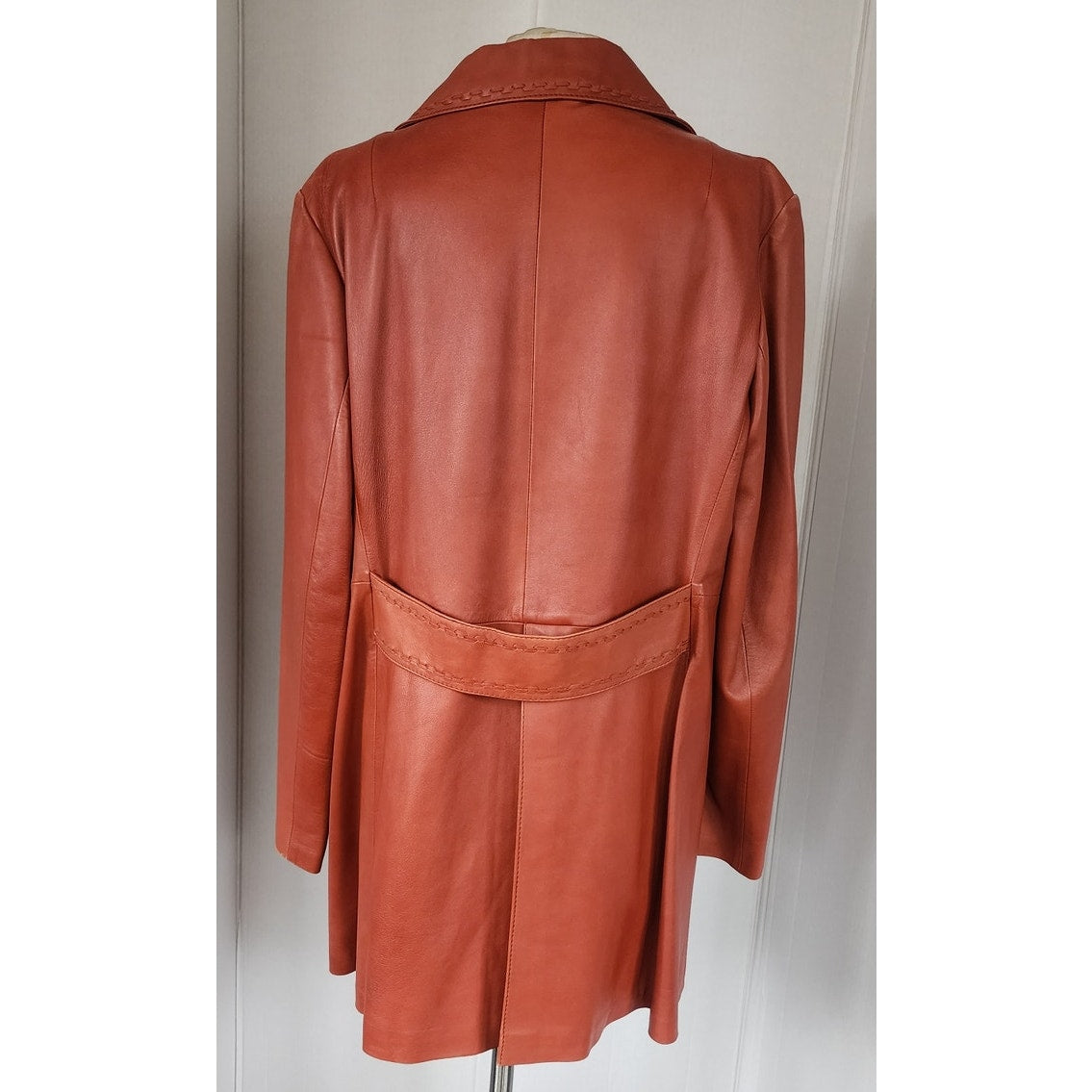 Vintage 70s Brown Leather Coat Hip Length Double Breasted / L