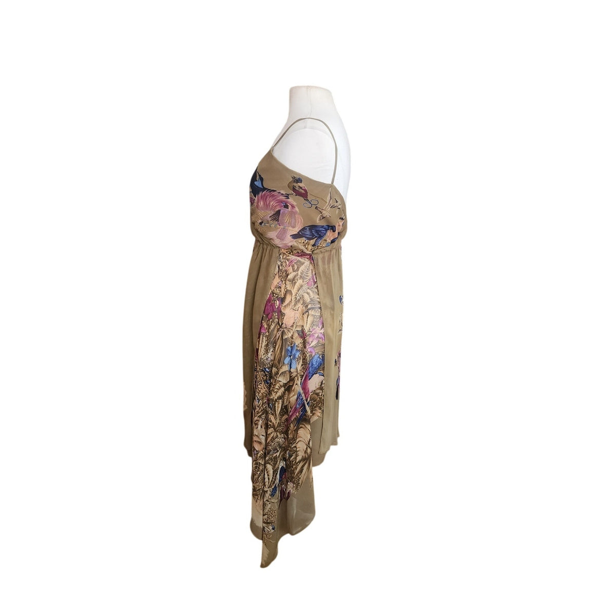 Vintage Vintage 1970s Gianni Versace Dress Silk Parrot Print Handkerchief Hem Slip Style Small