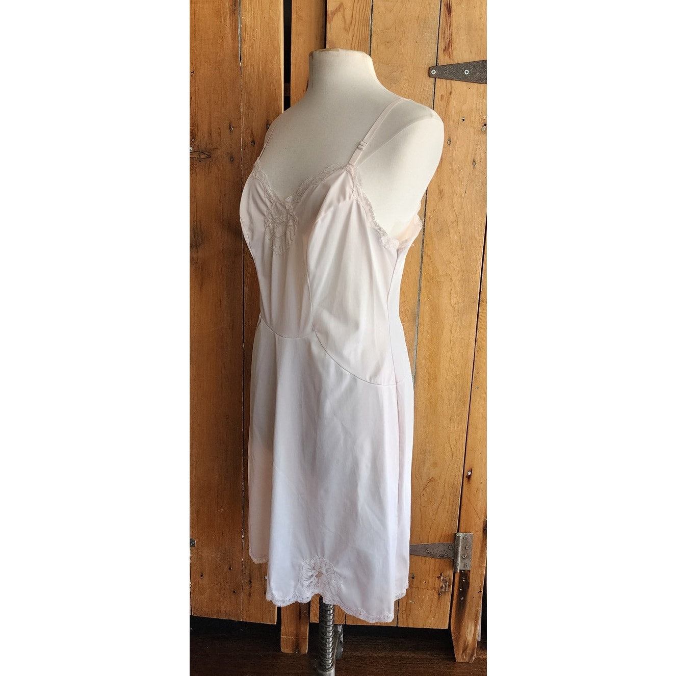 60s Slip Dress White Pale Pink Nylon & Lace Van Raalte Large