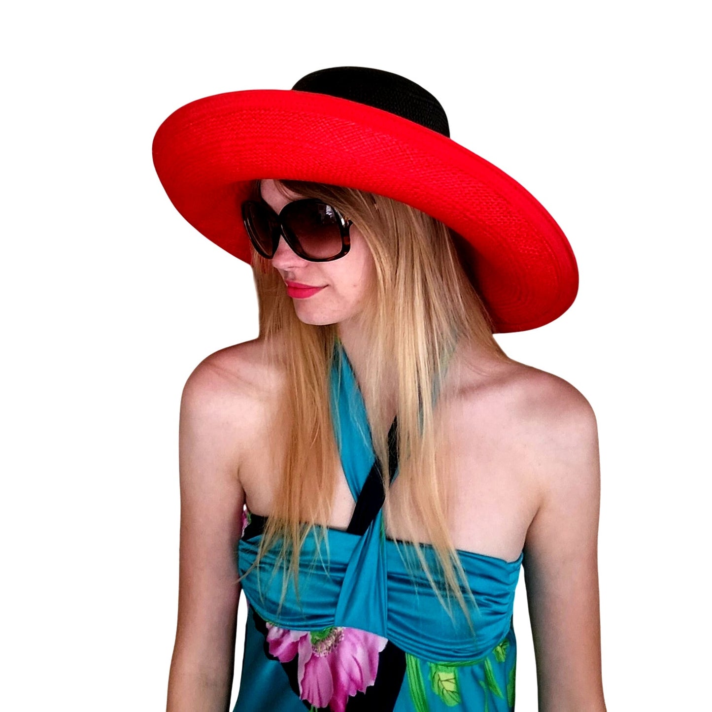 Vintage 1980s Kokin Hat Wide Brim Sun Straw Fuchsia Red Black Summer Oversized