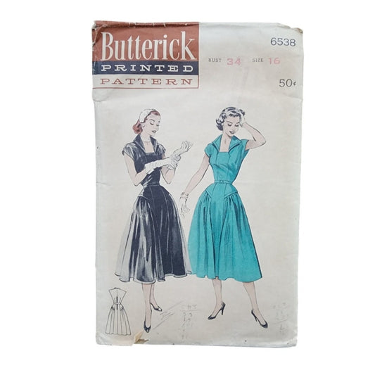 Vintage 50s Dress Sewing Pattern: One Piece Dress Wing Collar Butterick 6538 / Bust 34