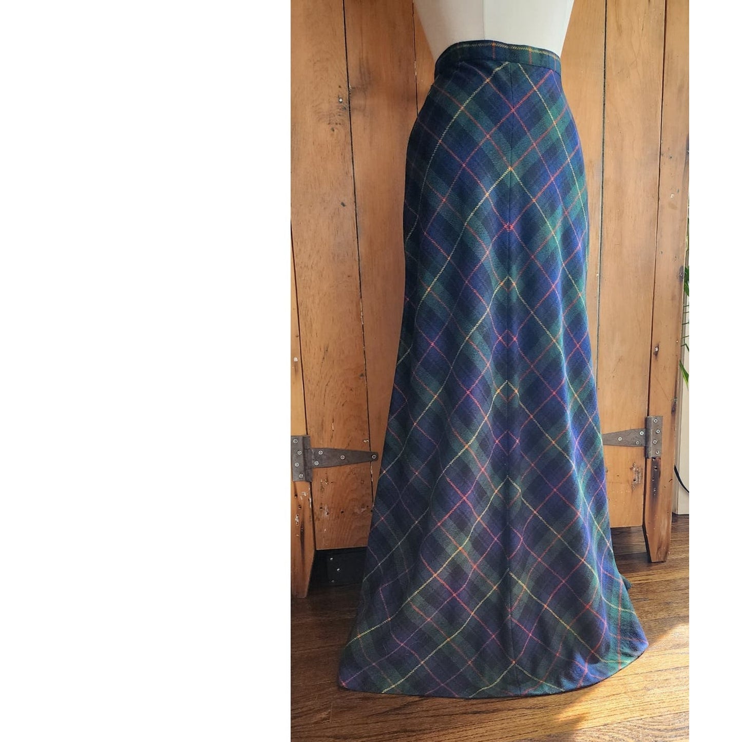 Vintage 70s Long Skirt Green Wool Plaid Prestige of Boston