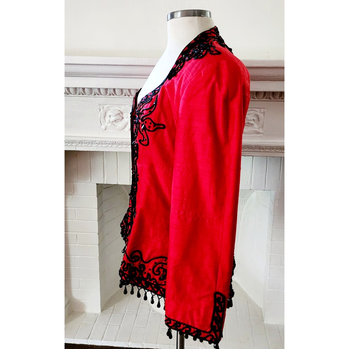 Vintage 80s Victor Costa Blazer Red Silk Black Beads Large