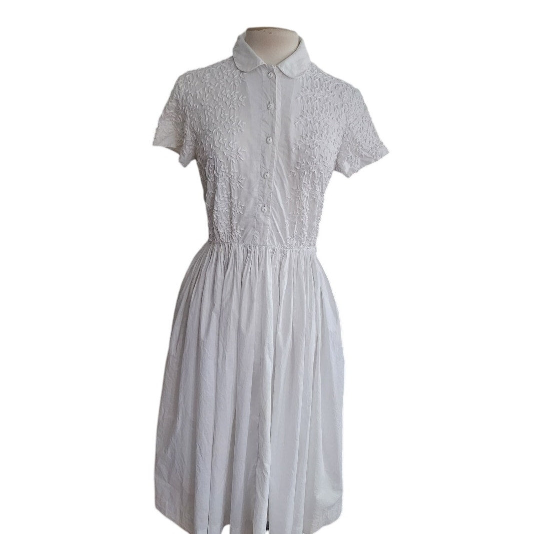 Vintage 50s Shirtdress White Embroidered Cotton Short Sleeve
