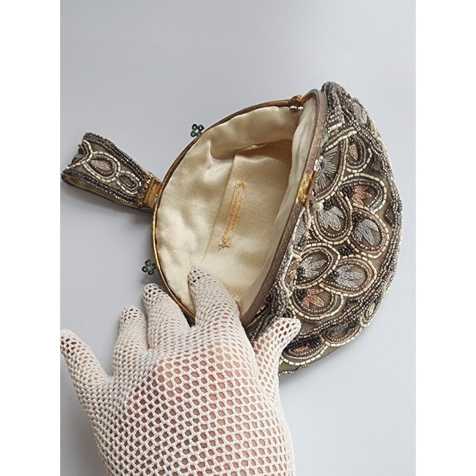 Antique 20s French Beaded Bag Round Art Nouveau Embroidered Purse