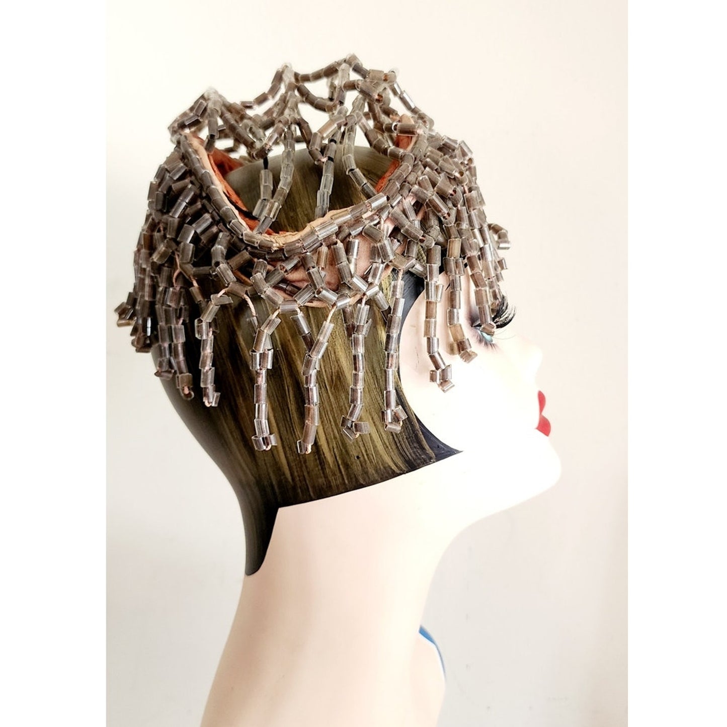 Antique Beaded Headdress Hat Gray Beads One of a Kind Medusa Flapper