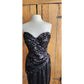 Vintage 80s Tadashi Strapless Dress Black Sequins Ruched Waist