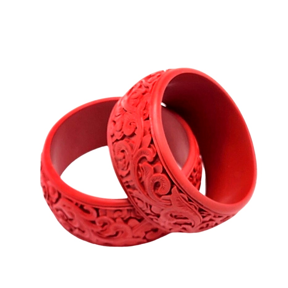 Vintage Cinnabar Bangles Red Carved Chinese Bracelets