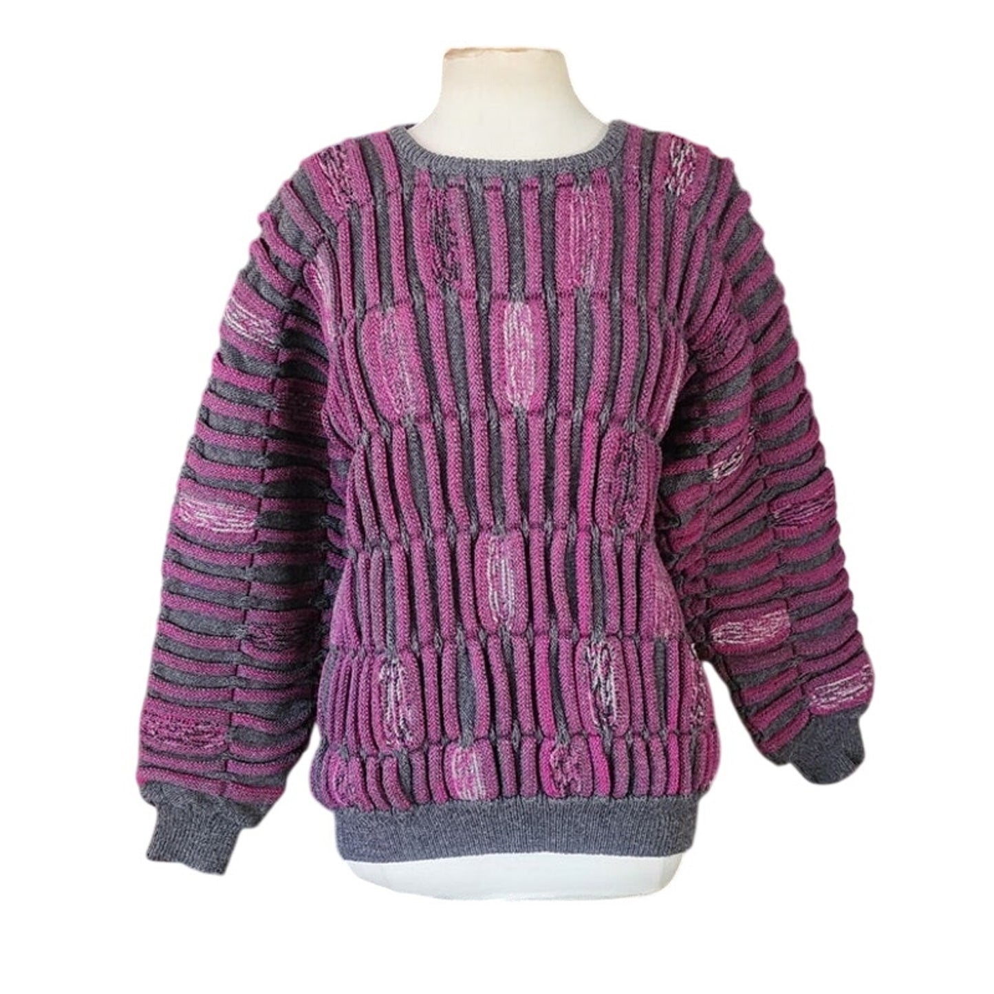 Vintage 1980s Ros Joffe Sweater Mens Purple Black Wool 3D Novelty Knit / M