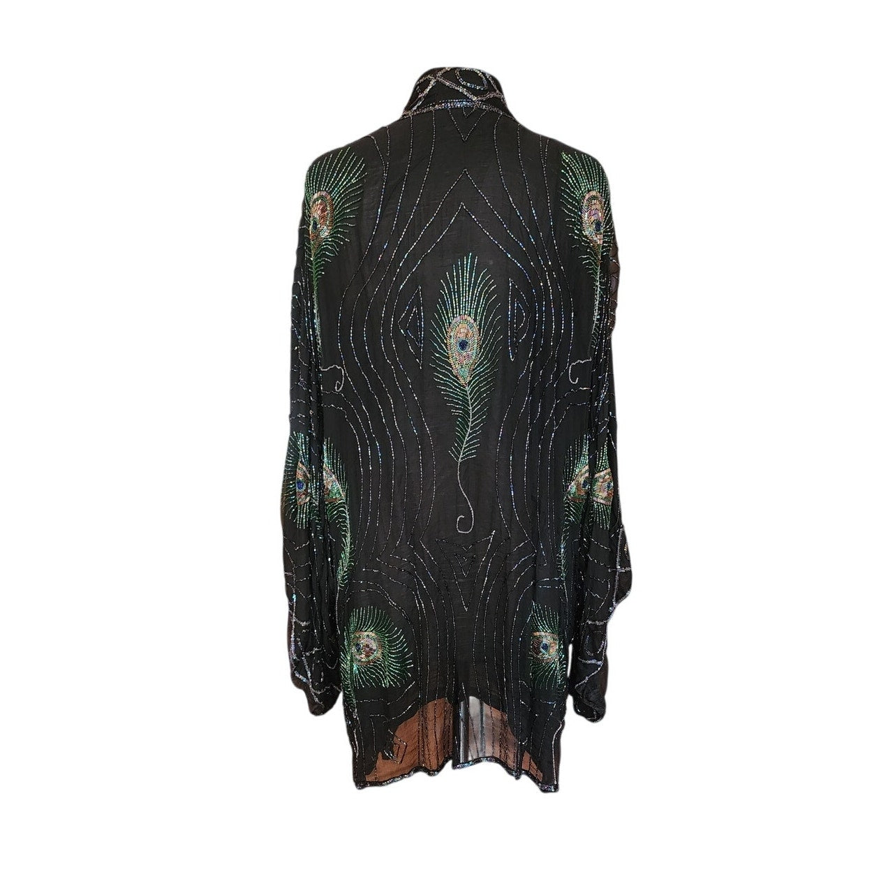 Vintage 1990s Evening Kimono Jacket Shimmering Peacock Feathers Beaded Black Duster Boho Chic Art Nouveau Deco