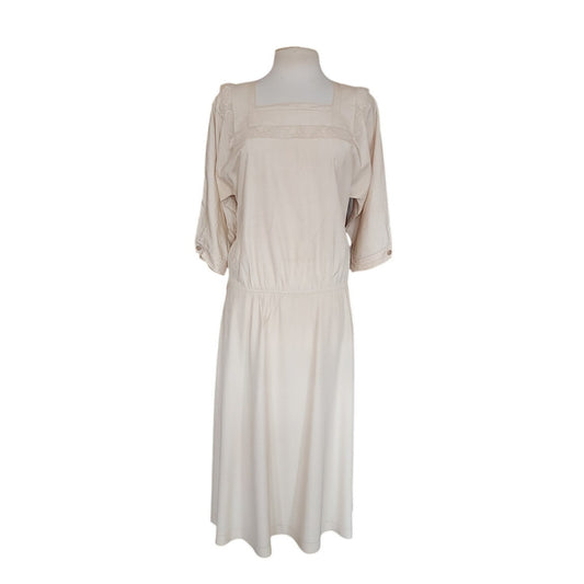 Vintage 1980s Cream Silk Dress Lace Trim Drop Waist Edwardian Style Norma Walters