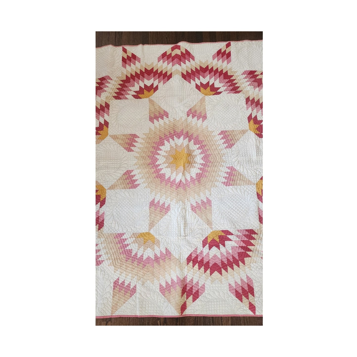 Antique American Quilt 1800s Broken Star Feather Wreath Hand-Quilted Cotton Pink Cheddar
