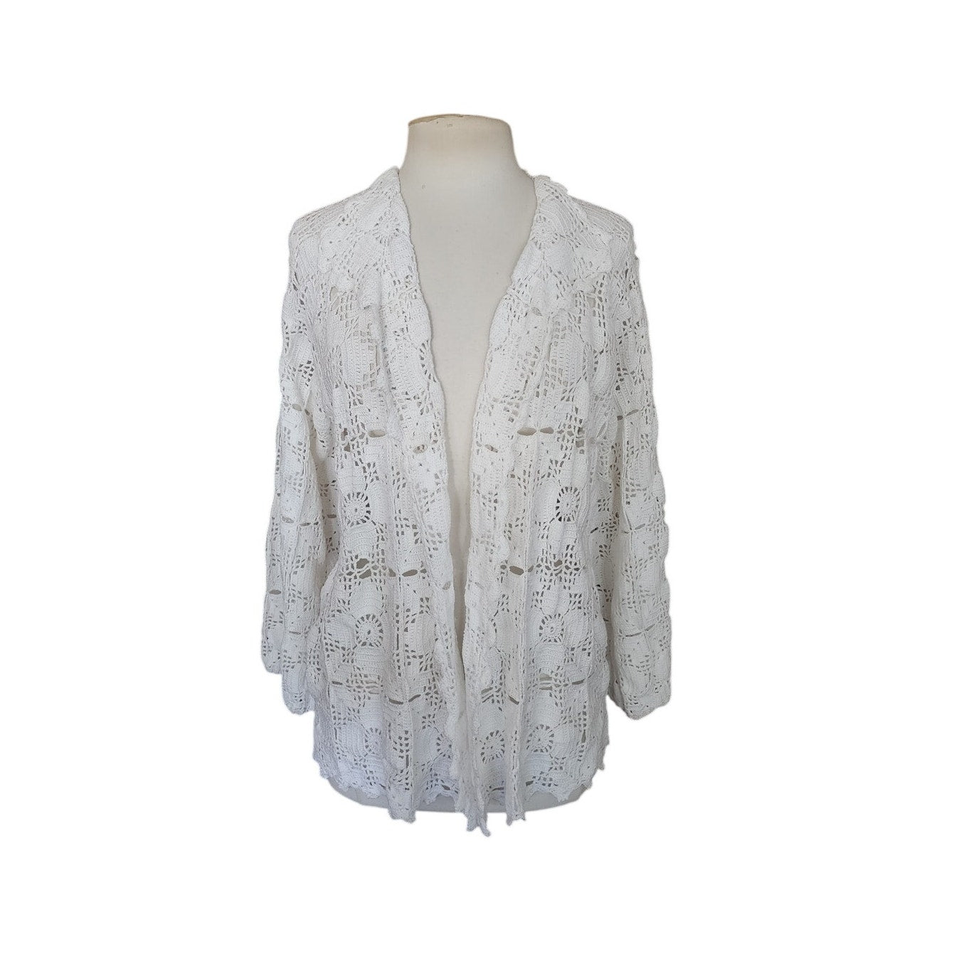 Vintage Crochet Blazer White Openwork Knit Cardigan Jacket w/Collar