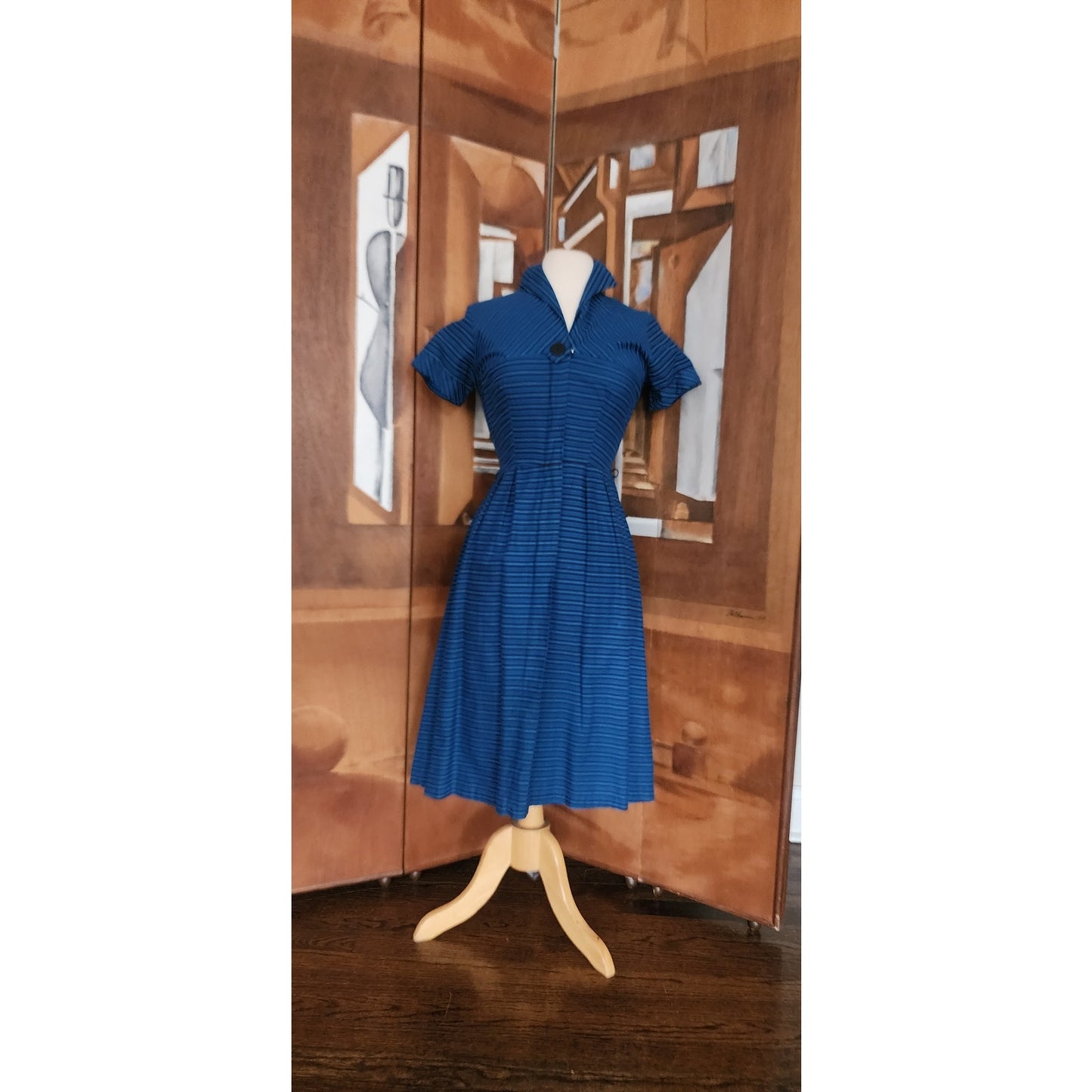 Vintage 50s Glenbury for Huntington Blue Striped Fit & Flare Day Dress