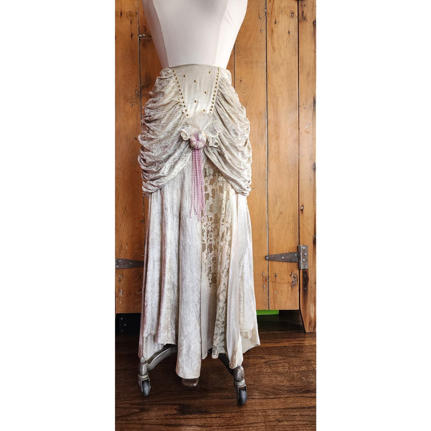 Vintage 80s Long Velvet Skirt Maick Harold, Asymmetrical w/Lace, Beads