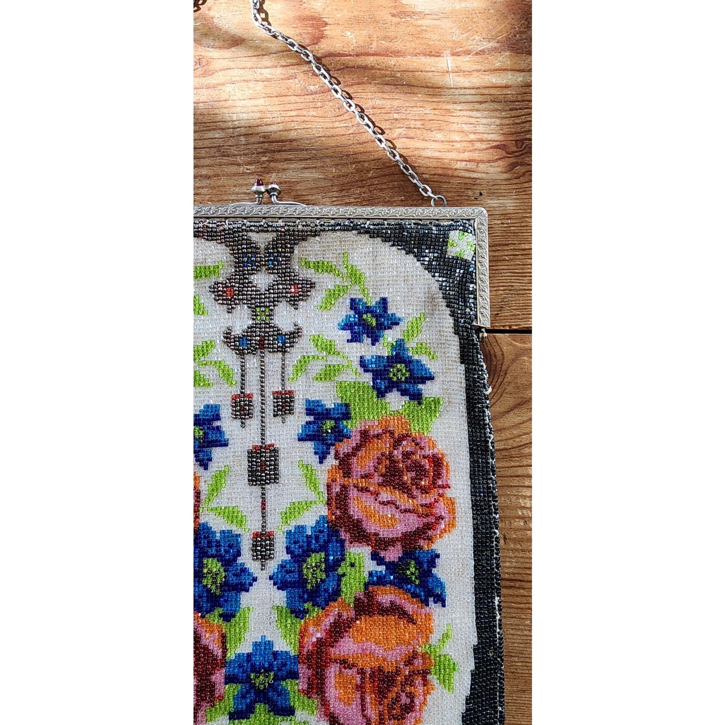 Antique Glass Bead Bag Edwardian Purse Floral Rose Pattern