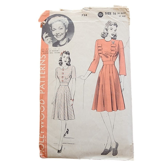 Vintage 40s Sewing Pattern ORIGINAL:  Jane Wyman Dress Hollywood Patterns 758