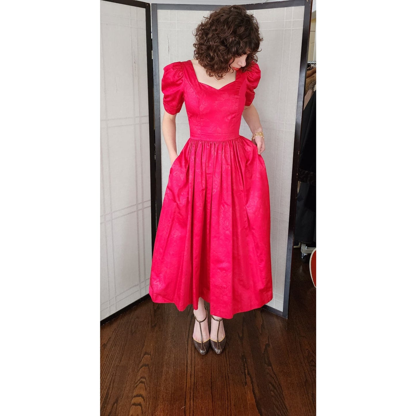 Vintage 80s Red Laura Ashley Dress Subtle Gold Floral Print Puffed Sleeves