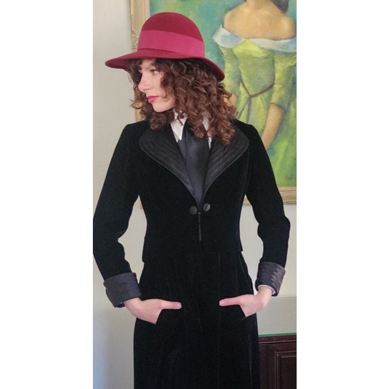 Vintage 70s Tuxedo Style Maxi Dress + Jacket Set Black Velvet Joseph Stein Muriel Reade
