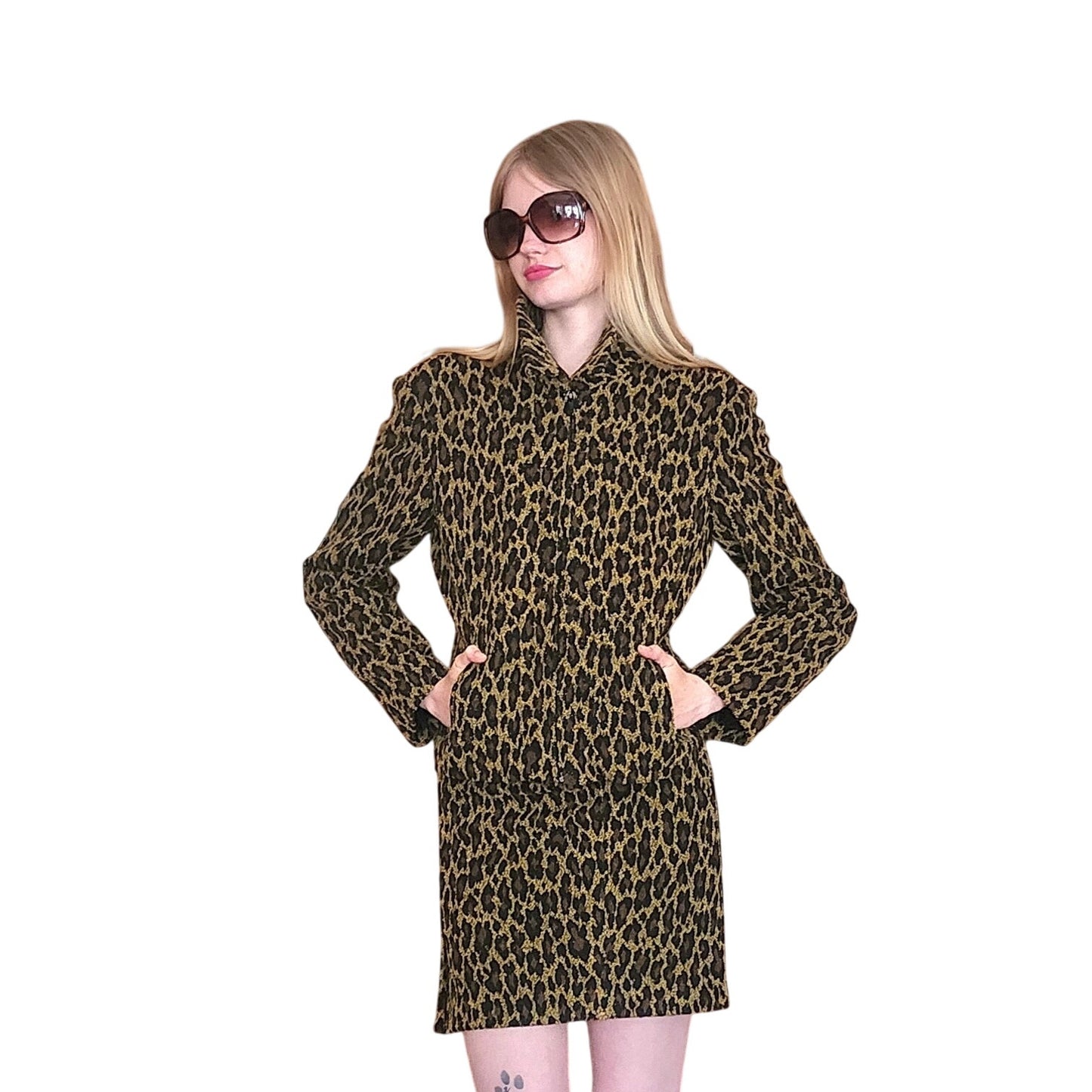 Vintage 90s Monica Bianco Milano Animal Print Skirt Suit Structured Jacket Set Made in Italy