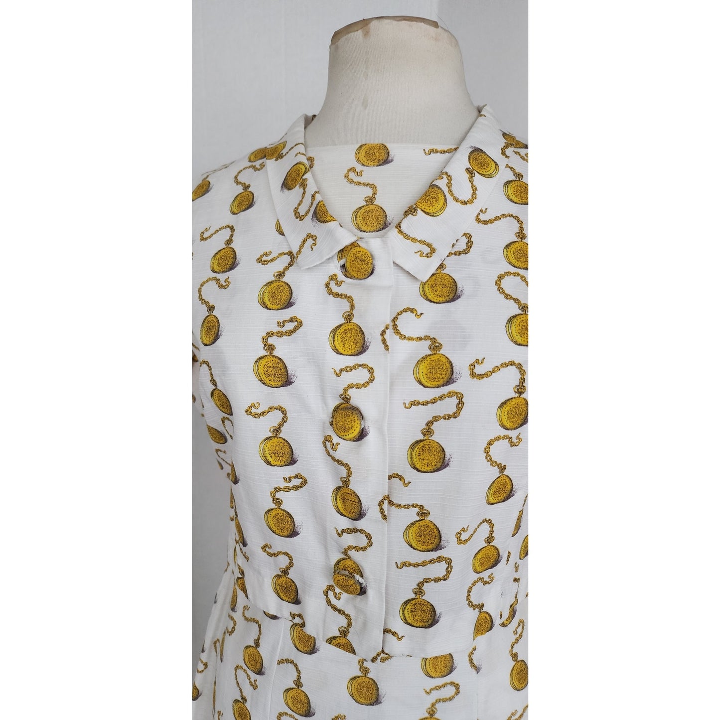 Vintage 60s Clocks Novelty Print Dress + Jacket Set Gold Pocket Watch