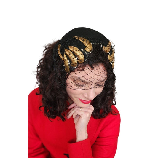 Vintage 50s Bes-Ben Hat Black Wool Gold Feather Veil Chicago Millinery OOAK