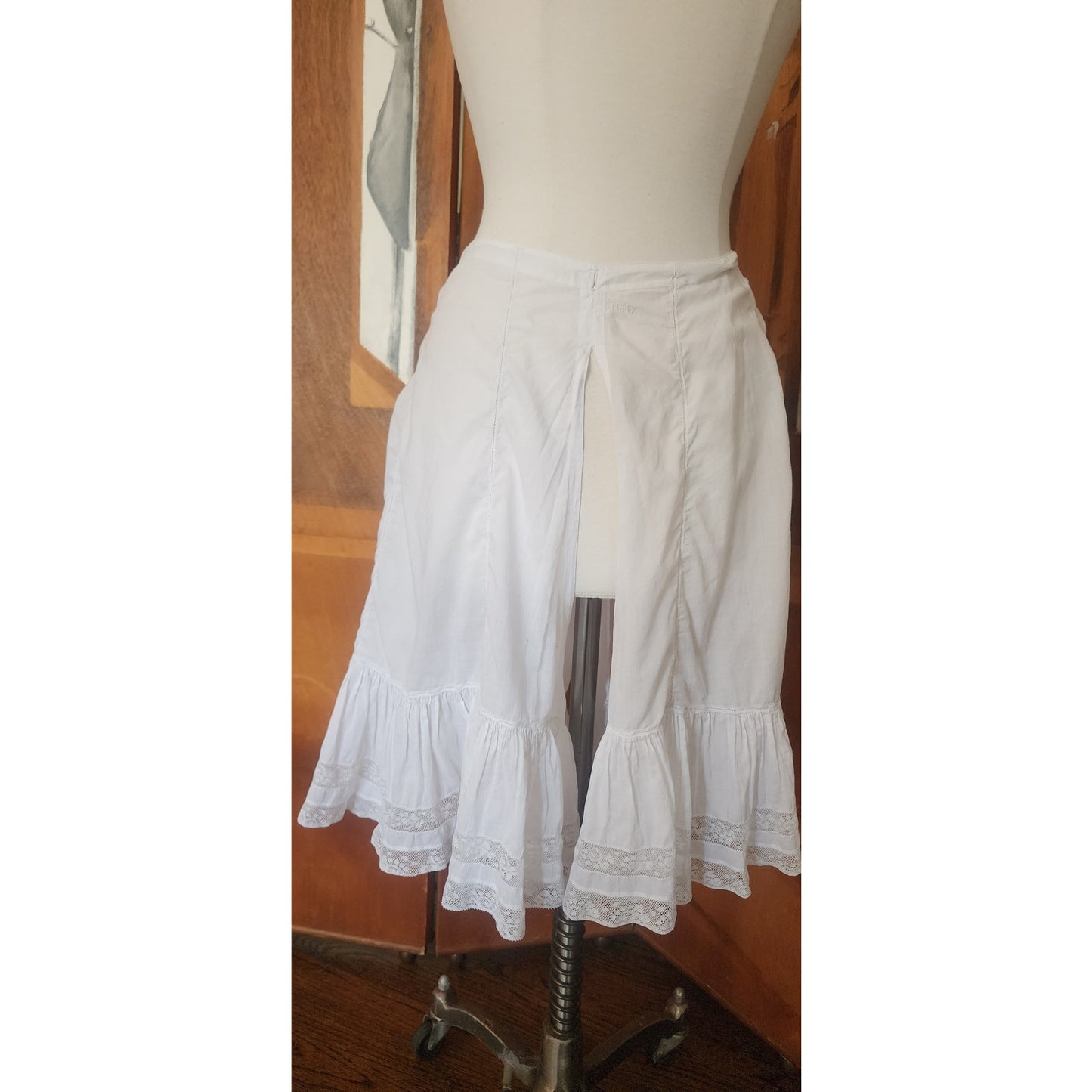 Antique White Cotton Bloomers Underwear Pantaloons Open Crotch Lace Trim