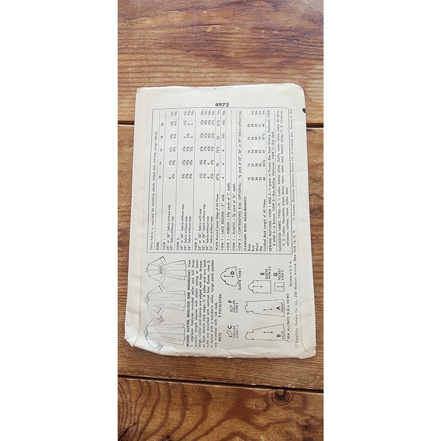 Vintage 1950s Sewing Pattern ORIGINAL: Duster Robe Housecoat Simplicity 4972