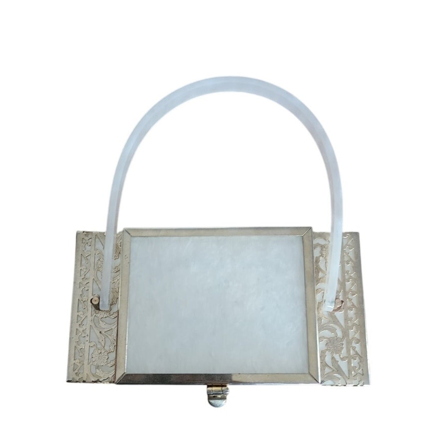 Vintage 50s TYROLEAN NY Lucite Box Bag Pearl White Silver Filigree Art Deco
