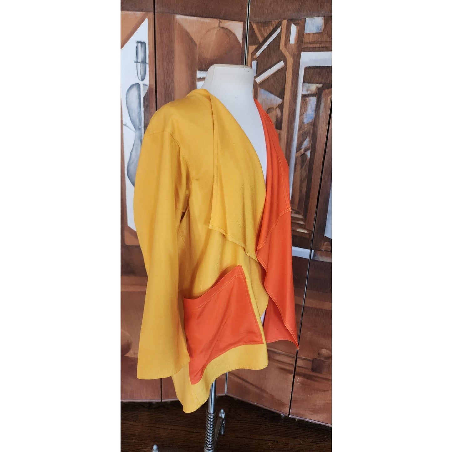VTG 90s Duster Jacket Silk Yellow Orange Colorblock Blazer Victoria March Chicago