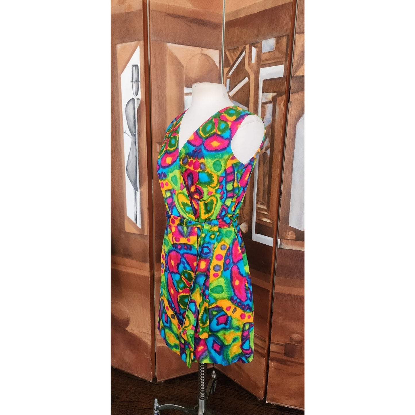Vintage 60s Psychedelic Print Dress Rhapsody by Glazier Sleeveless Wrap Style