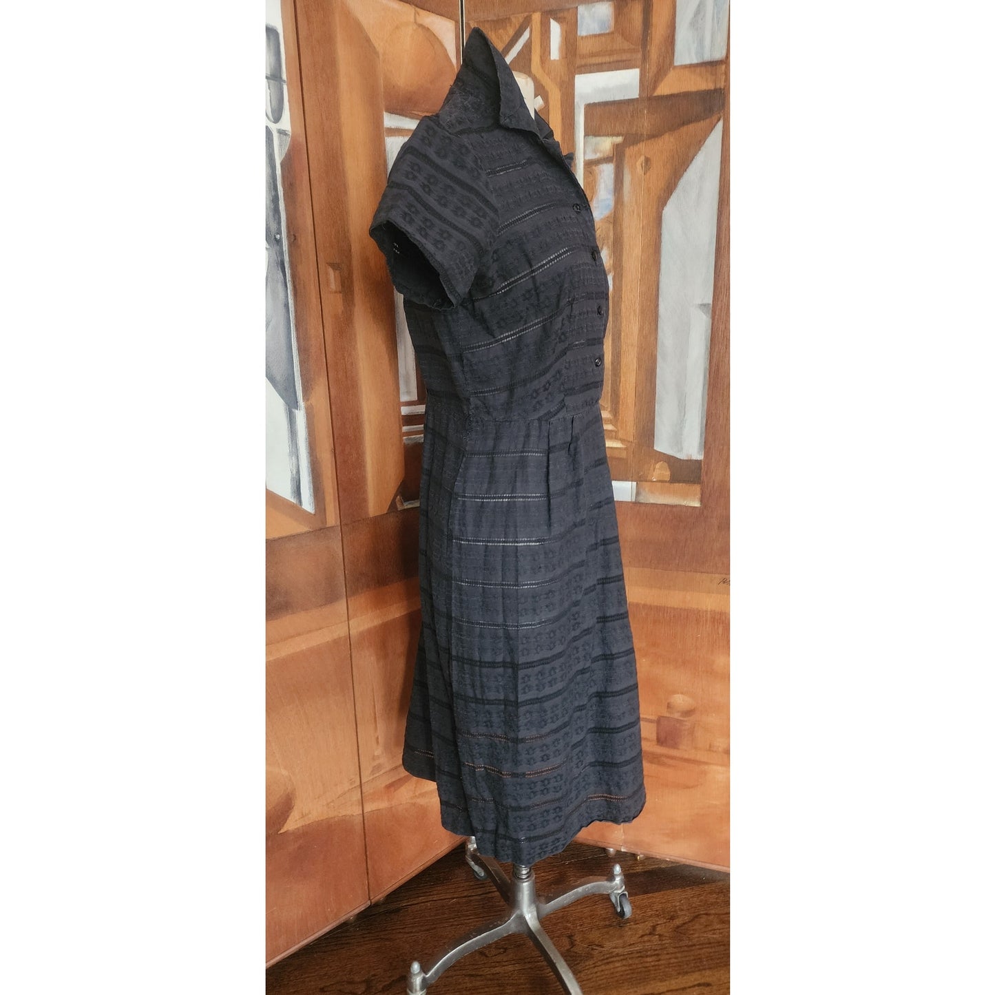 Vintage 50s Black Shirtwaist Day Dress Short Sleeve Textured Stripe Kay Whitney