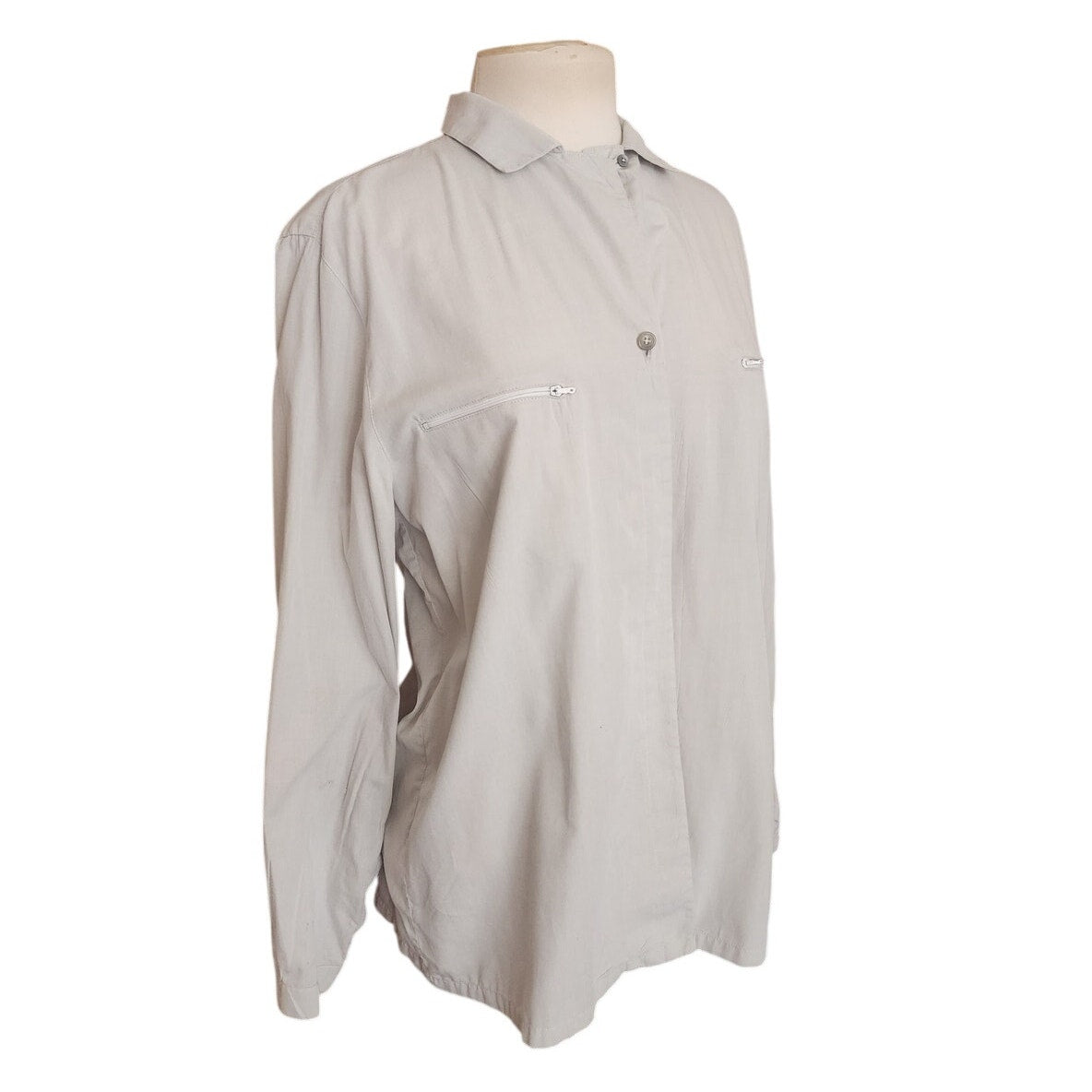Vintage 1990s Prada Shirt Gray Button Down Long Sleeve Blouse Zipper Pockets L