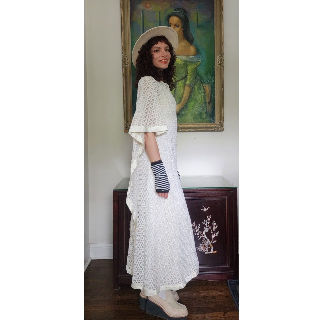 Vintage 70s White Maxi Dress Openwork Crochet Bridal Dress w/Capelet