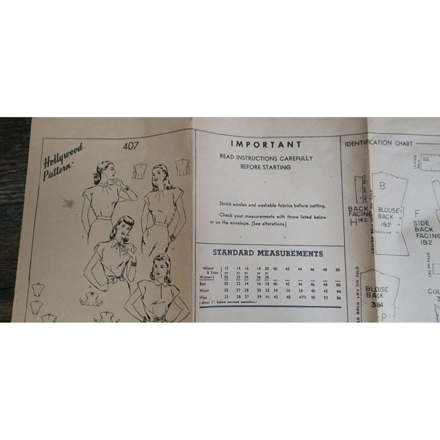 Vintage Hollywood 407 Sewing Pattern 40s Shirt Short Sleeved Blouse UNCUT