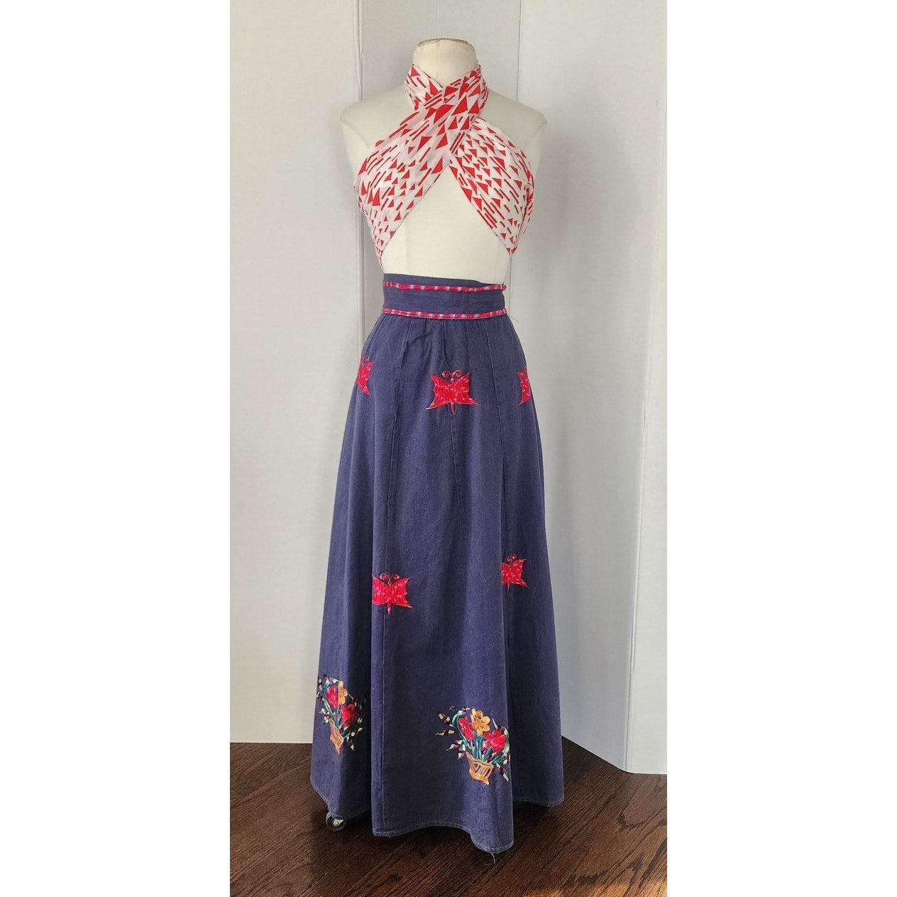Vintage 70s Maxi Skirt Dark Wash Denim Butterfly Floral Embroidery