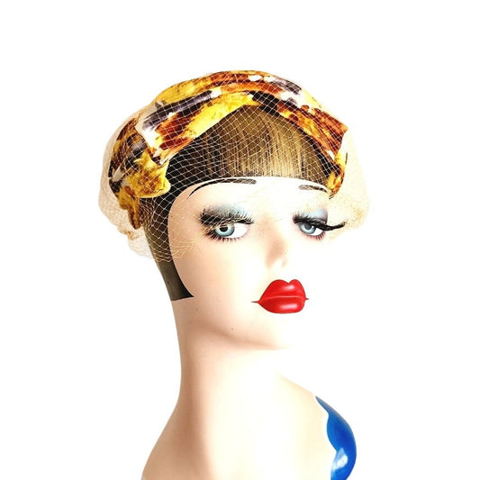 50s Cocktail Hat in Yellow Floral Print Satin w/Veil