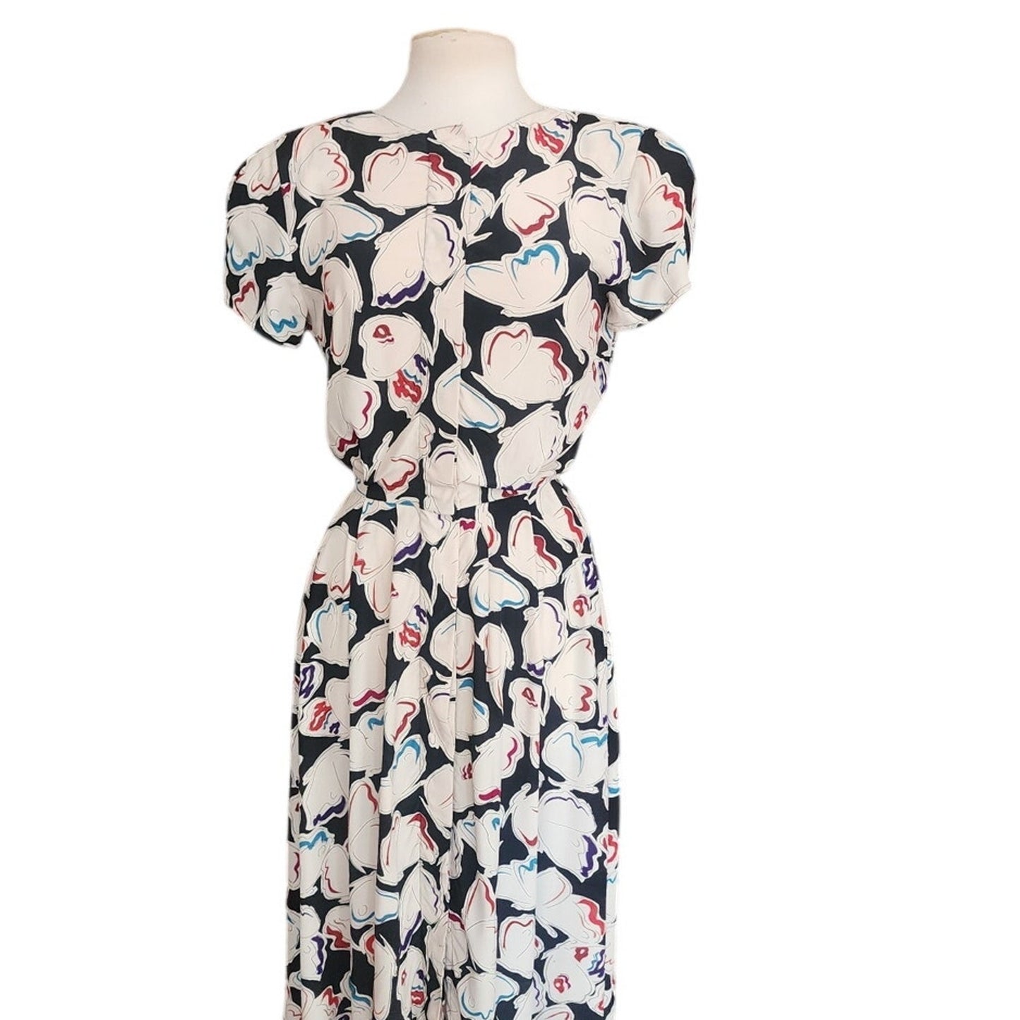 Vintage 1980s Krizia Dress Silk Puff Sleeve Open Back Geometric Abstract Midi