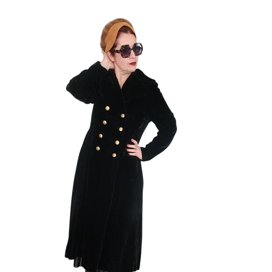 Vintage 60s Black Velvet Opera Coat Double Breasted Gold Buttons
